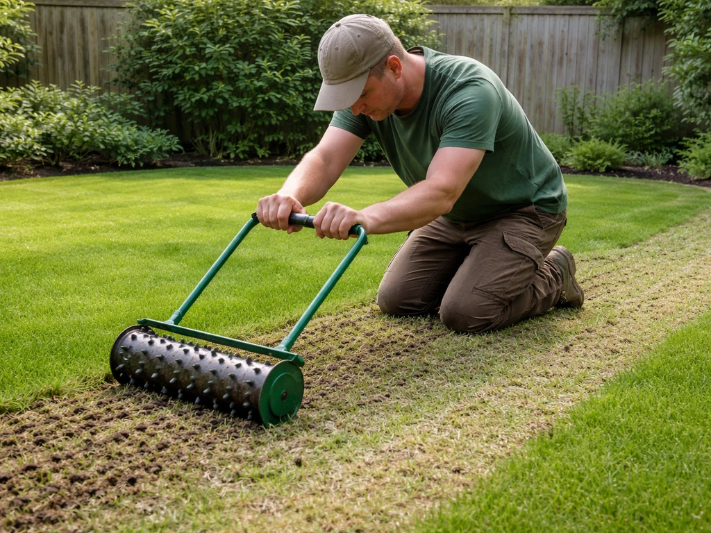 Tuinier belucht een gazon met een beluchter, met opengeprikte plekken en net ingezaaide zaailingen.