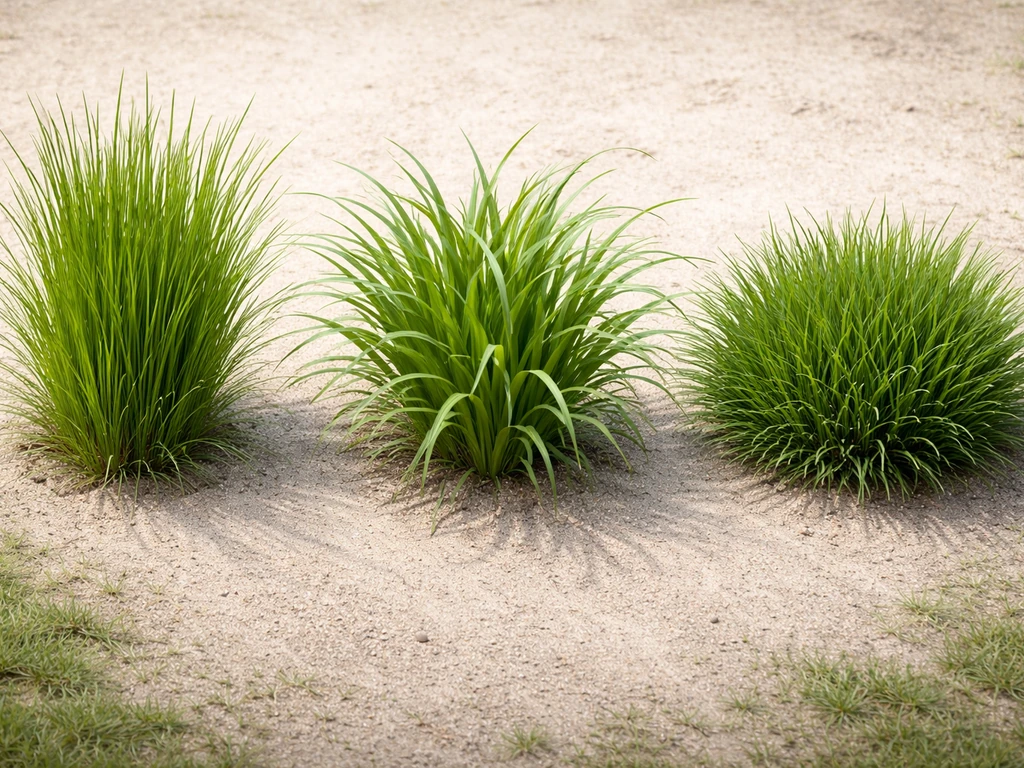 Drie plukken gras naast elkaar met verschillende bladstructuur en groeivorm, op neutrale ondergrond.