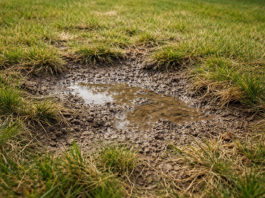 Natte, zwaar-kleiige tuinbodem met waterplassen en stressplek in het gazon