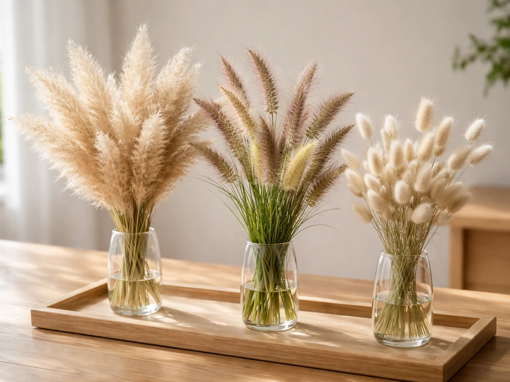 Meerdere siergrassen (pampasgras, pennisetum en hazenstaartje) in kleine bundels op een houten plank voor vaasdecor.