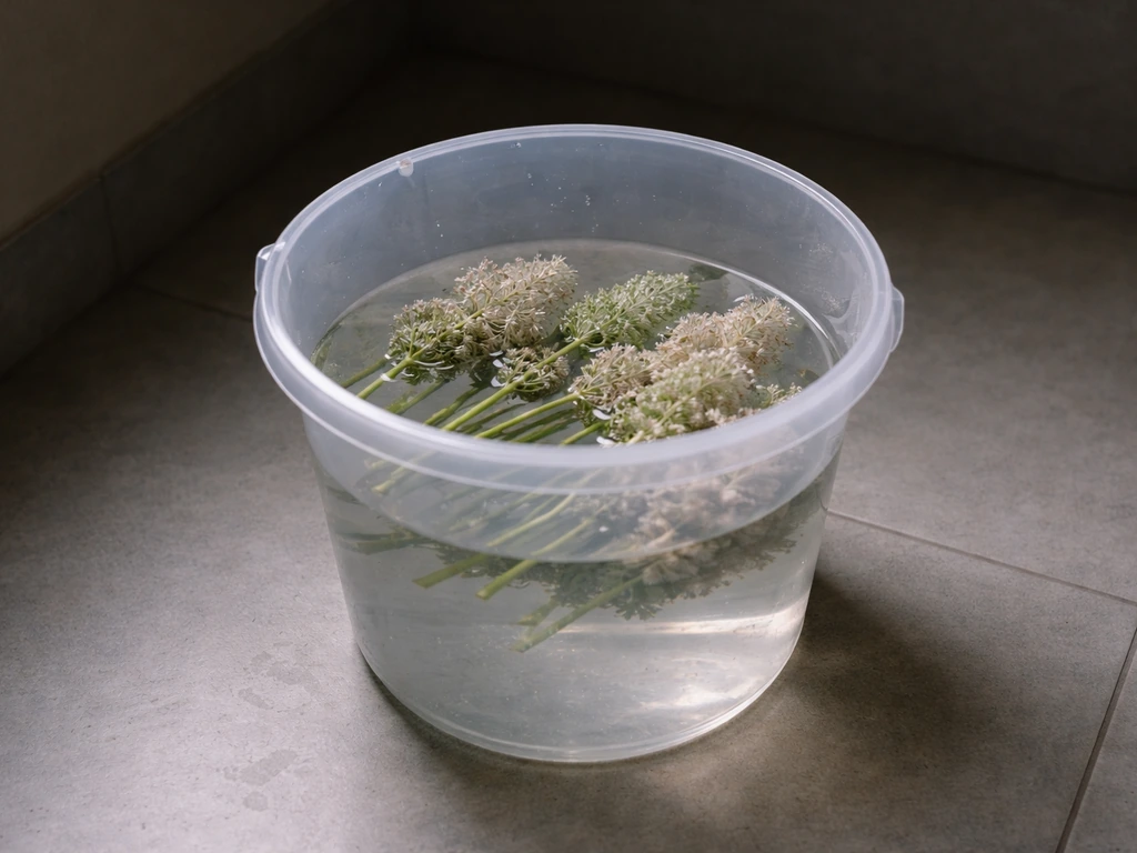 Kort gesneden pluimen in een emmer met lauw water, koel en donker, klaar om te acclimatiseren.