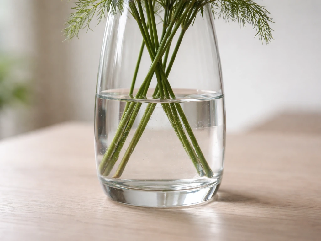 Detail van een vaas die tot ongeveer een derde gevuld is met schoon koud kraanwater, met bladeren net onder water vermed