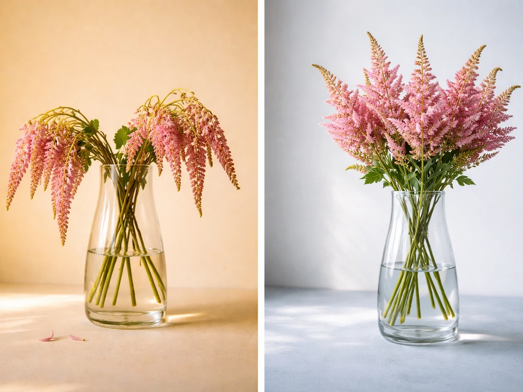 Links slap hangende pluimen in warme vaas, rechts herstelde bloemen na schuin bijknippen en koelere plek.
