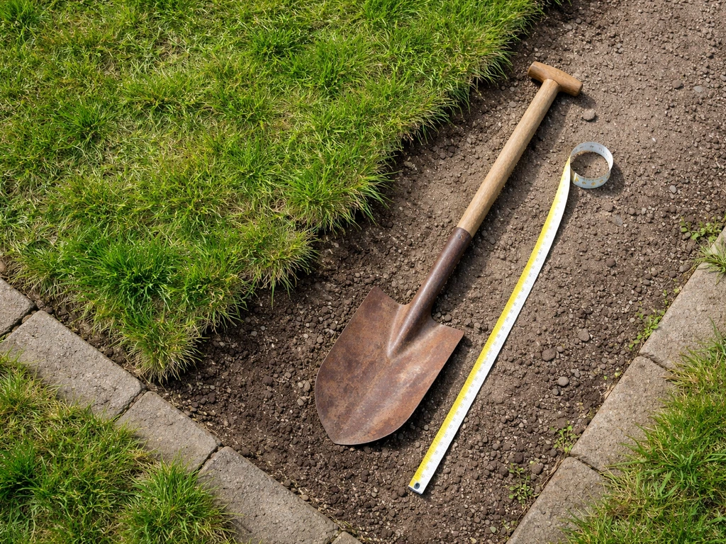Bovenaanzicht van erfgrens met grasrand die uitloopt, met scherpe spade en meetlint als startpunt