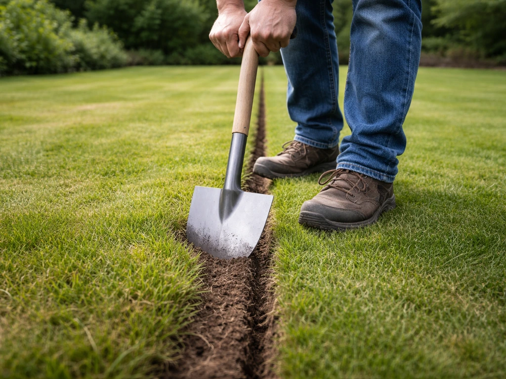 Anonieme tuinier steekt met spade/halfmaan-steekijzer de grasrand langs de erfgrens tussen twee gazons af.