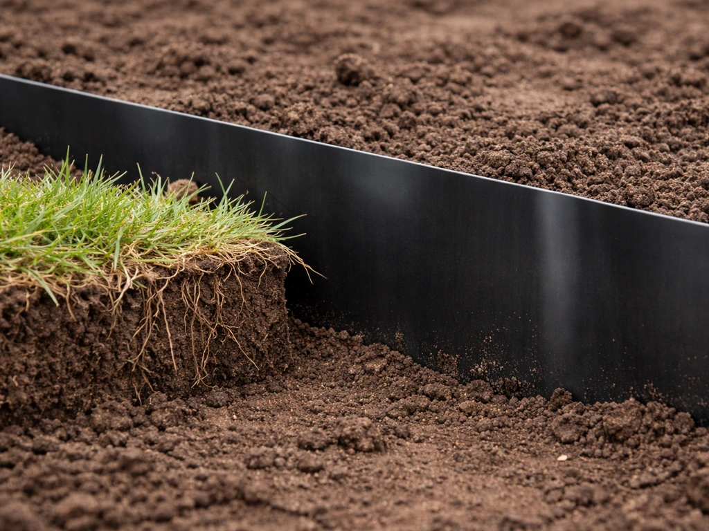 Close-up van ingegraven HDPE wortelbarrière met zichtbare afgestoken graswortel en aarde.