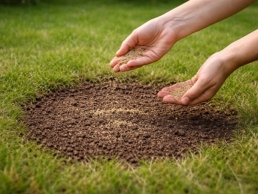 Hand strooit graszaad over een kleine kale plek in de tuin, met opgevulde toplaag in beeld.