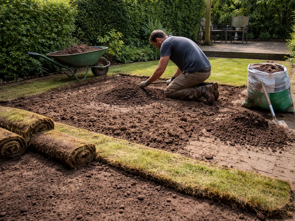 Anonieme tuinier knielt bij opengezette gazonrand; kleiige grond en bodemverbetering klaar voor herstel.