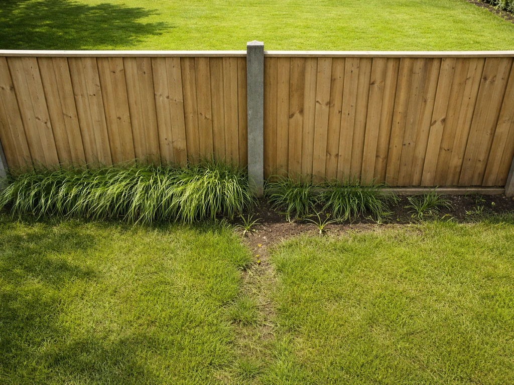 Nederlandse achtertuin met een duidelijke erfafscheiding en gras dat overhangt naar het aangrenzende deel.