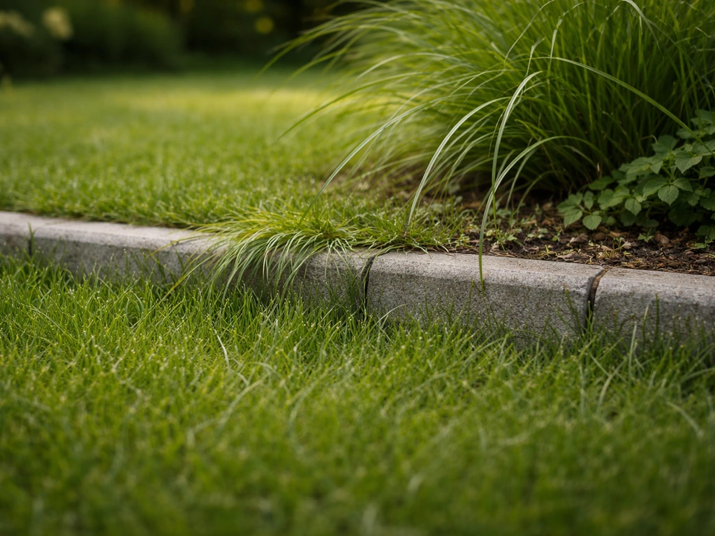 Een erfgrens tussen twee tuinen met overhangend gras richting het gazon aan jouw kant.