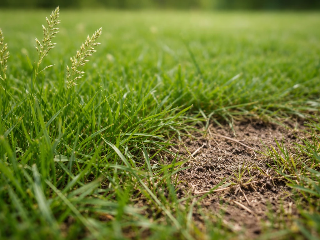Close-up van graspluimen met zaad en zichtbare uitlopers in een gazonbodem, waardoor gras kan uitlopen en overwaaien.