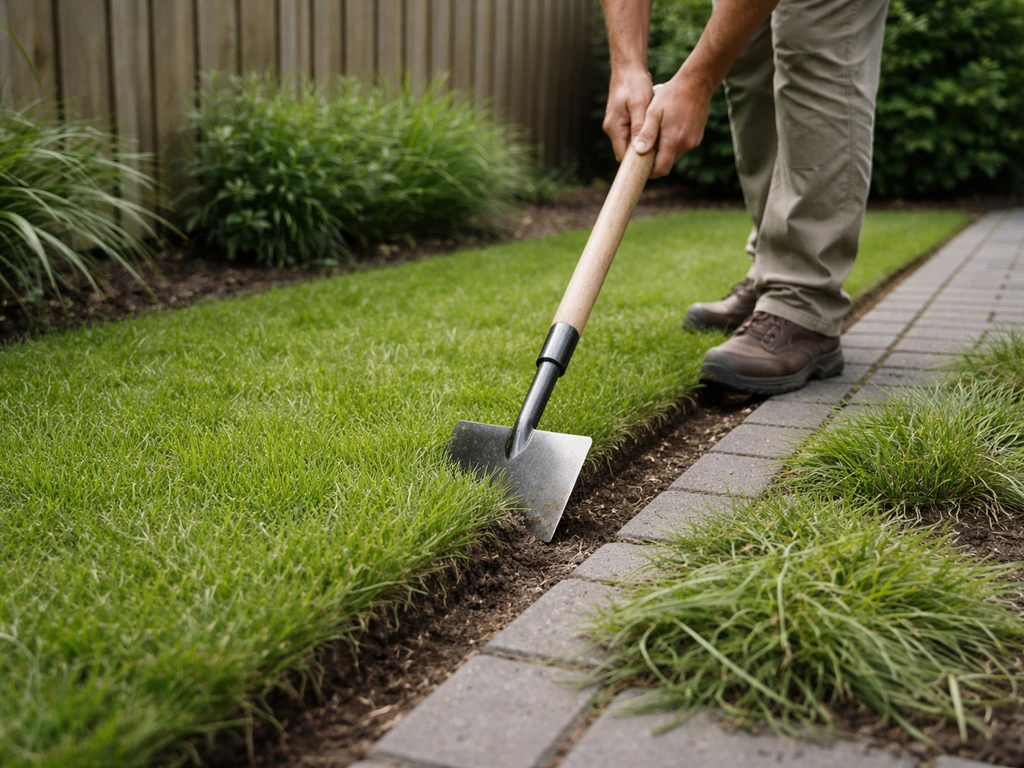 Handen knippen overhangend gras langs de erfgrens met een kantensteker in een rustige tuin.