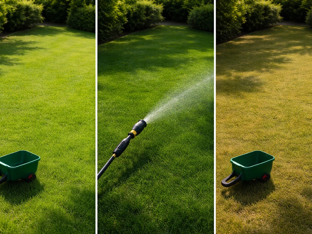Tuin met grastapijt; drie bemestingsmomenten in één beeld met focus op voorjaar, zomer en najaar.