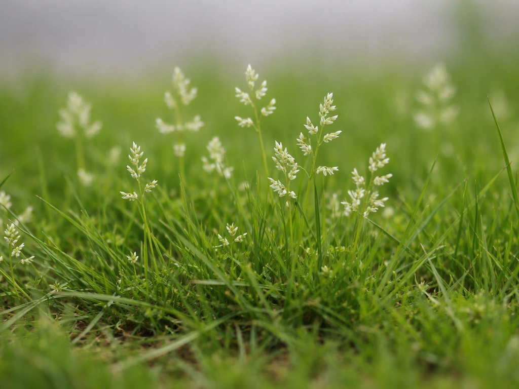 Close-up van straatgras (Poa annua) met witte pluimpjes tussen het gras, herkenbaar als onkruid
