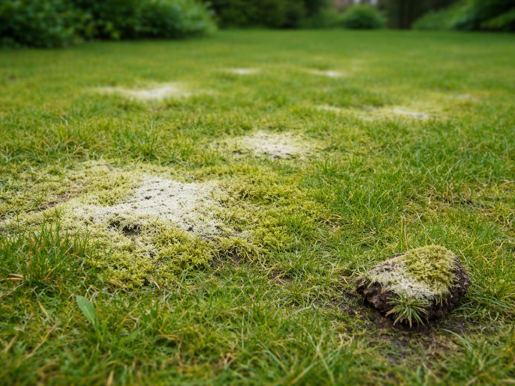 Close-up van een groen gazon met mos en duidelijke licht/“witte” verdachte plekken door structuurproblemen