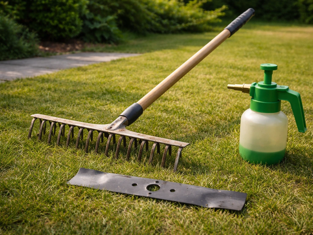 Tuinmaatgereedschap voor vandaag: tuinmaaiermes, hark en plantenspuit klaar op een gazon