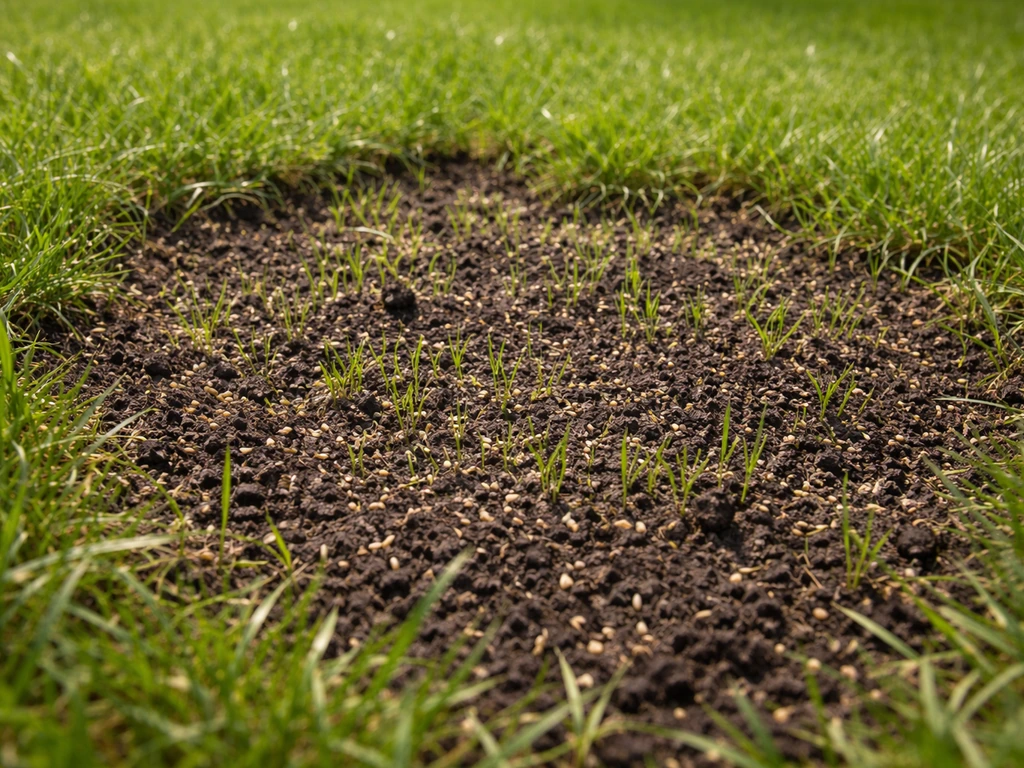 Kale plekken in een gazon met nieuwe graskieming na het doorzaaien, tussen dichter gras.