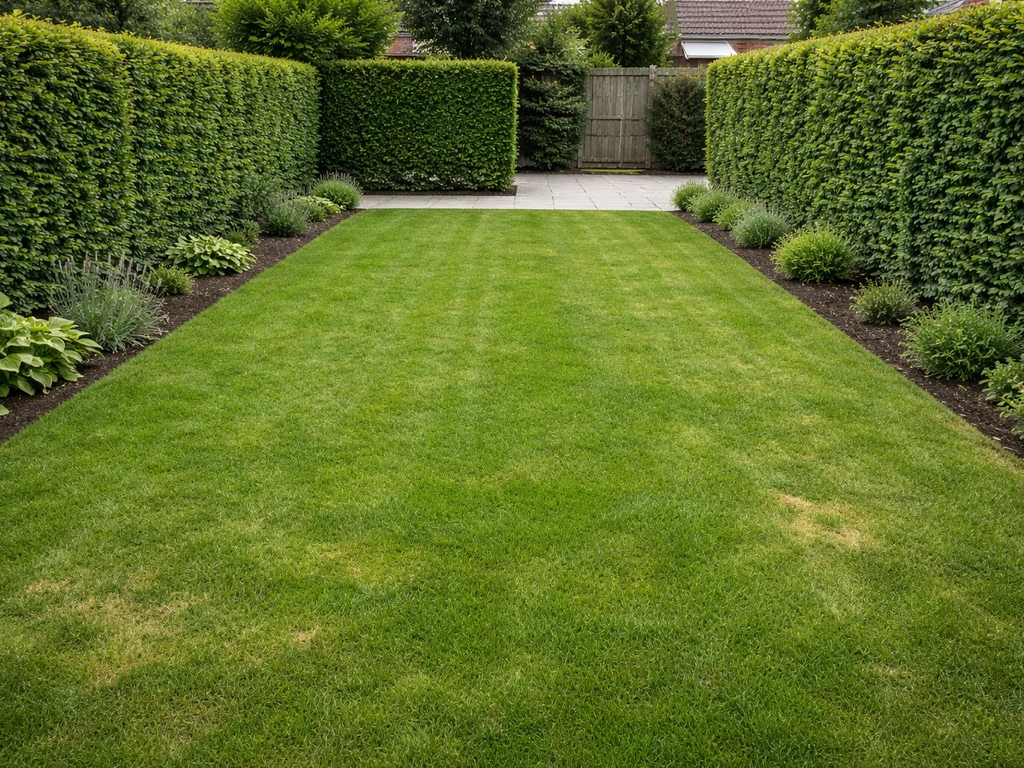 Overzicht van een Nederlandse tuin met groenblijvende hagen en een gazonrand die overgaat in het haagfront.