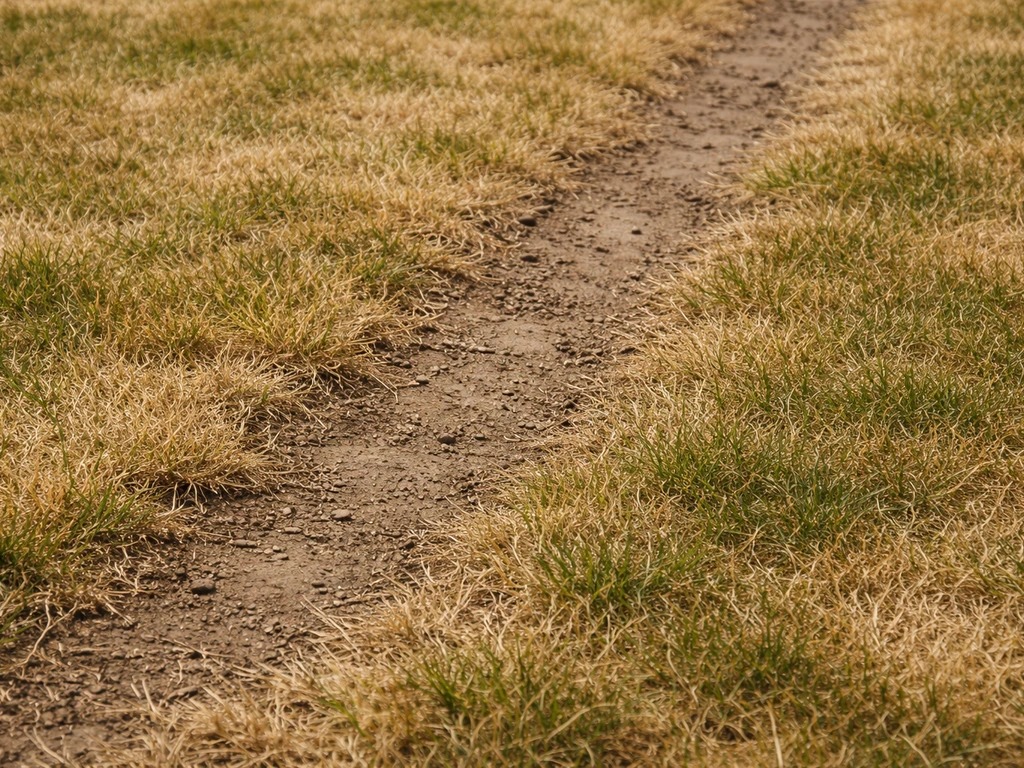 Close-up van geel en verdroogd gras met kale bodemplekken en een uitgekraste strook.