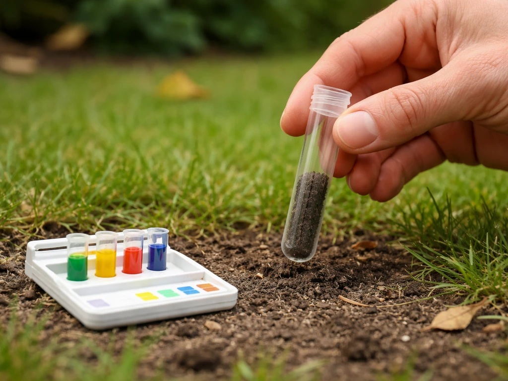 Hand houdt bodemmonster en testkit bij het gazon, met meetresultaat in de buurt van de grond