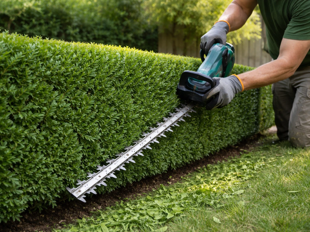 Close-up van het knippen van een haag met een haagknipper, gericht op de onderkant voor een vollere basis.