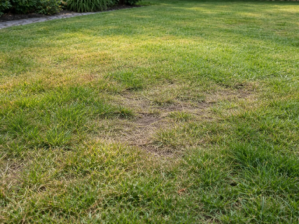 Geel en dof gras met een zichtbare verdichte, drogere plek in een Nederlandse tuin op ooghoogte.