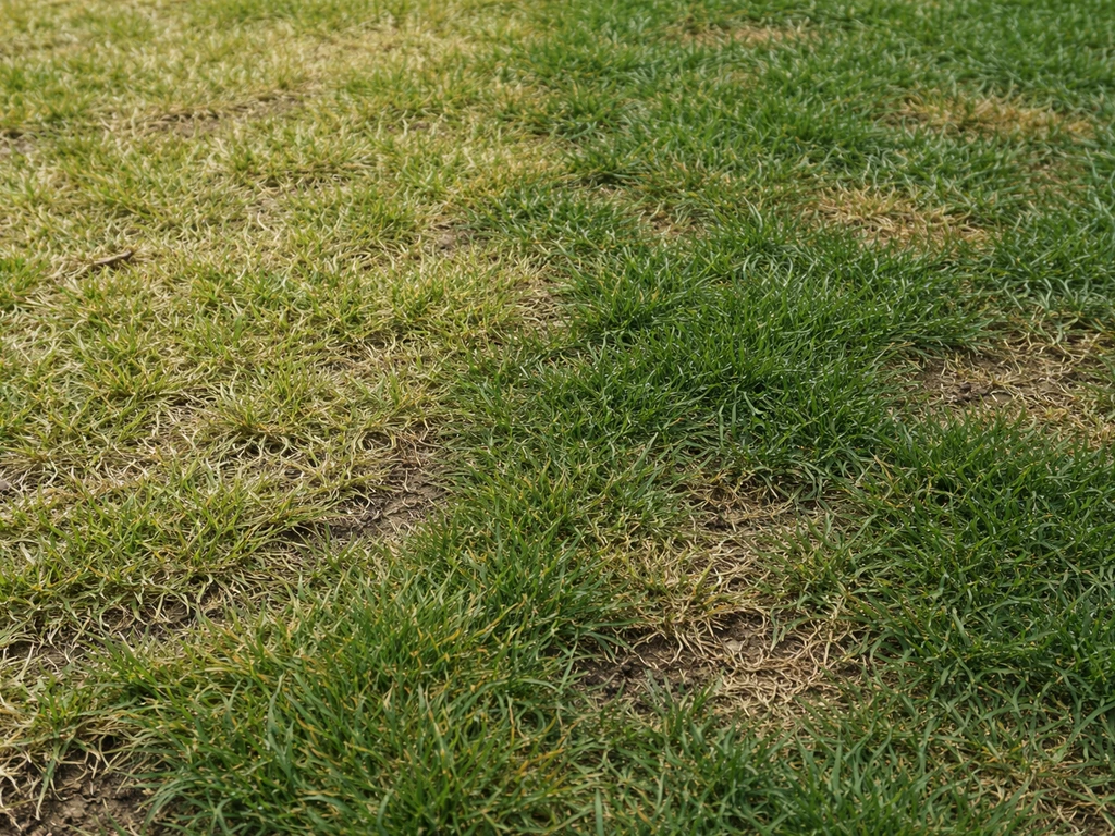 Close-up van gazon met duidelijke verkleuringen: bleekgeelgroen gras naast donkerder/anders gekleurd gras.