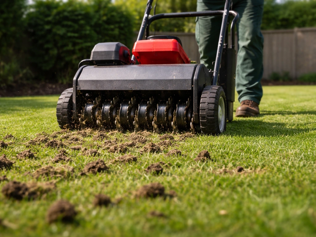 Beluchtings-/verticuteermachine die over een gazon gaat, met zicht op uitgekrabde vilt/pluggetjes achter de rollen.