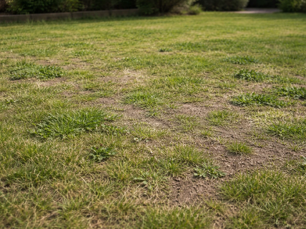 Laag en ongelijk gemaaid gazon met dunne plekken en onkruid waar het gras verzwakt is.
