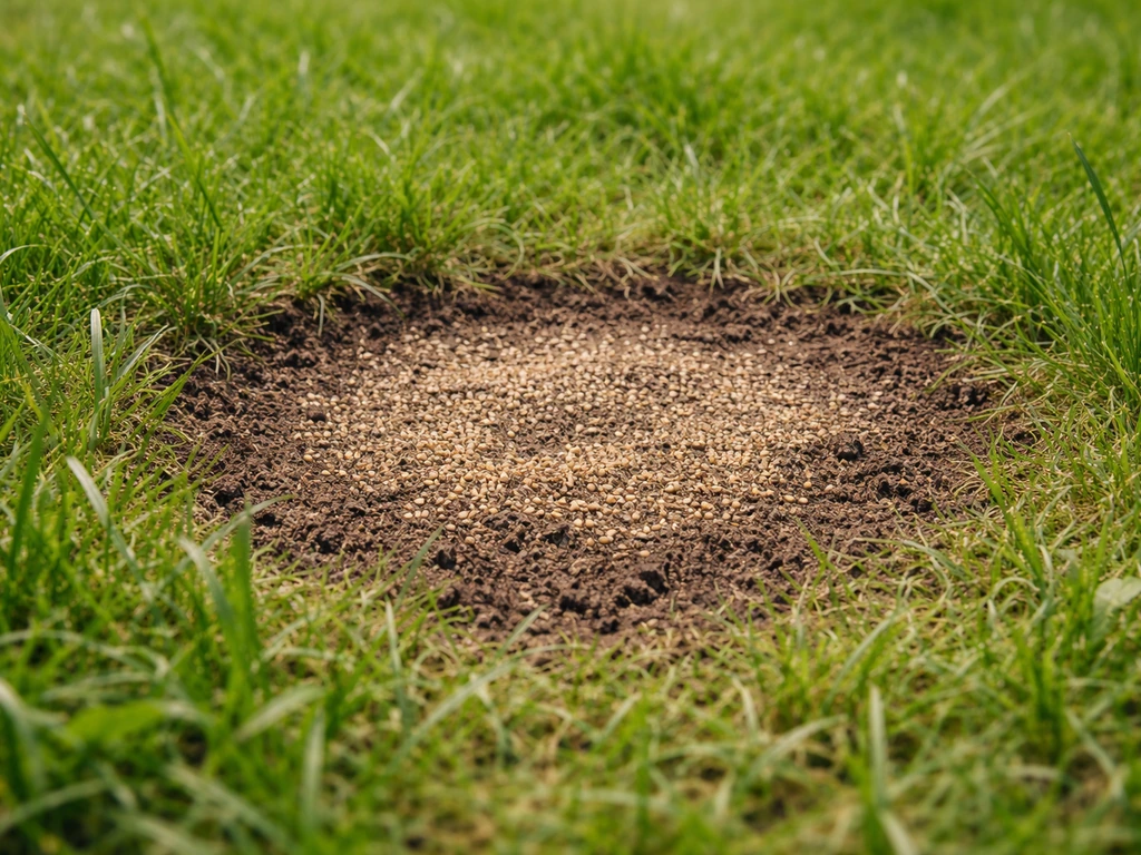Kale plek in het gazon met opengekrabde grond, uitgestrooid zaad en lichte toedekking.