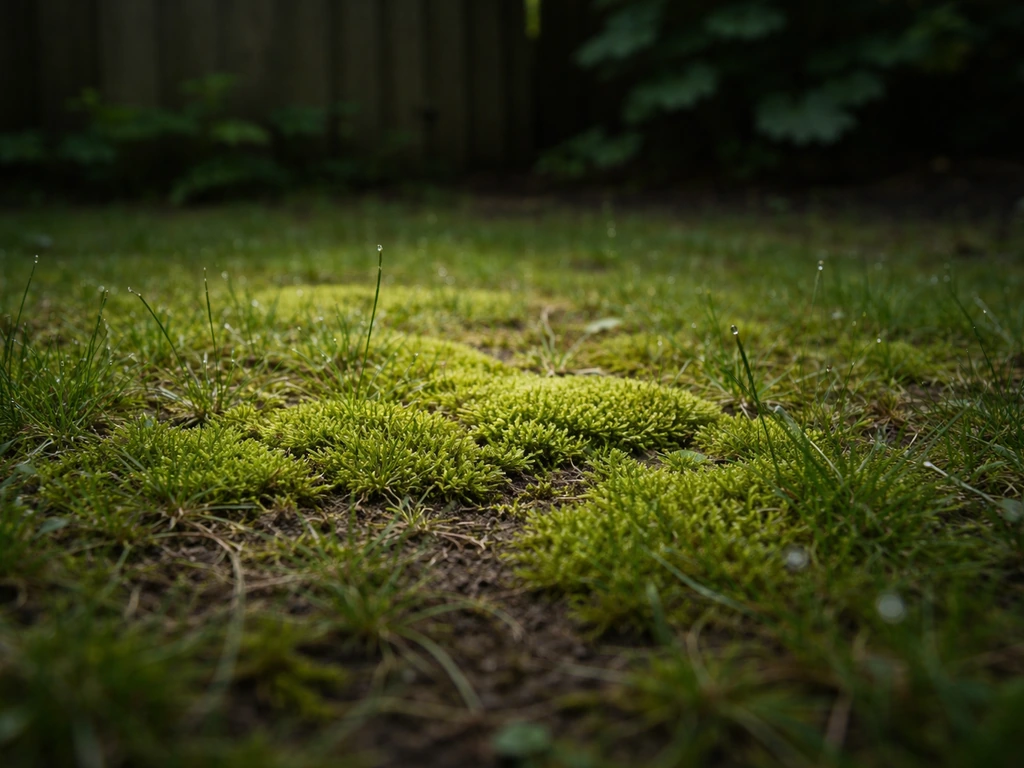 Mos tussen het gras in de schaduw, met zachte boom- en schuttingachtergrond in een Nederlandse tuin.
