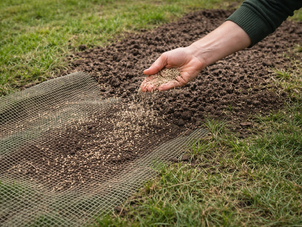 Tuinier strooit graszaad met de hand op een nettopatch in een kaal stuk gazon na verticuteren.