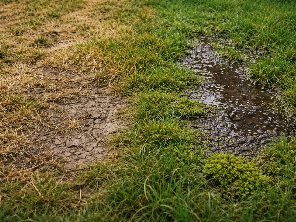 Twee plekken in een gazon: geel verdroogd gras naast een permanent natte, slappe zone met mos