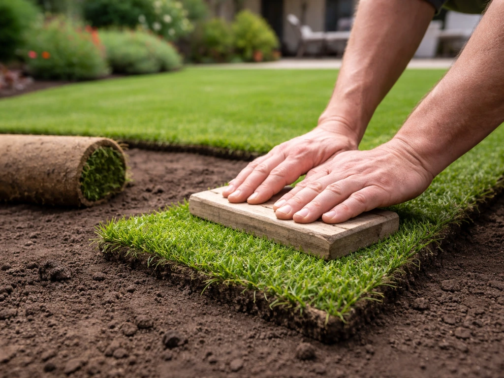 Handen die graszoden in banen uitrollen op een voorbereide ondergrond, met de tuin in focus.