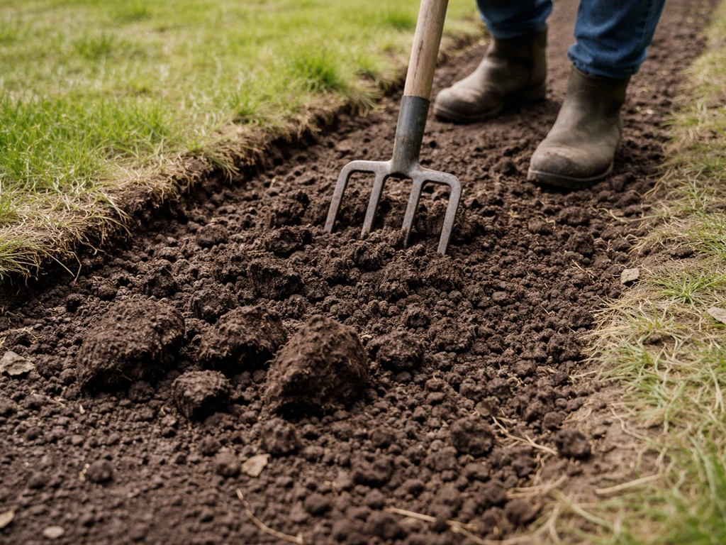 Iemand maakt verdichte grond los in een smalle strook voor het nieuwe gazon, met zichtbare omgewoelde aarde.