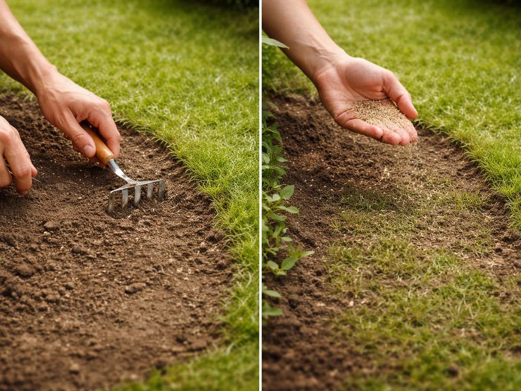 Handen met graszaden en een hark die kale plekken in een grasrand bijzaait, licht voor-na binnen dezelfde opname.
