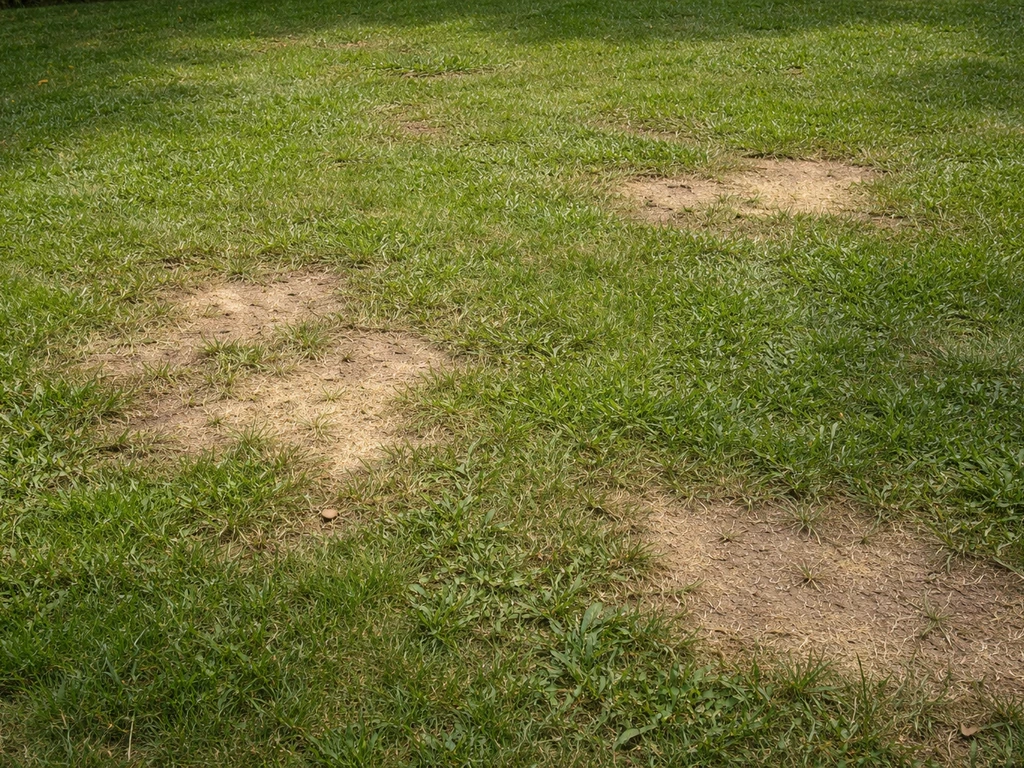 Groen gazon met duidelijke kale en vergeelde plekken die gras tekenen tonen
