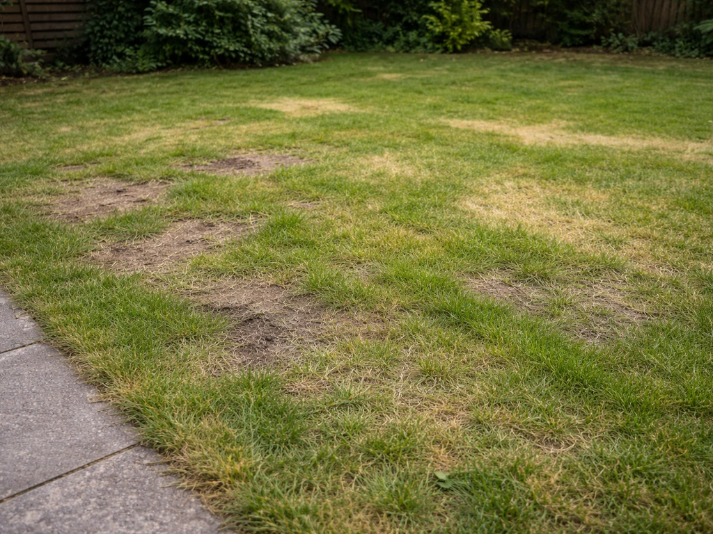 Buitenaanzicht van een Nederlands gazon met kale plekken en gele/dunne stroken langs een tuinpad.