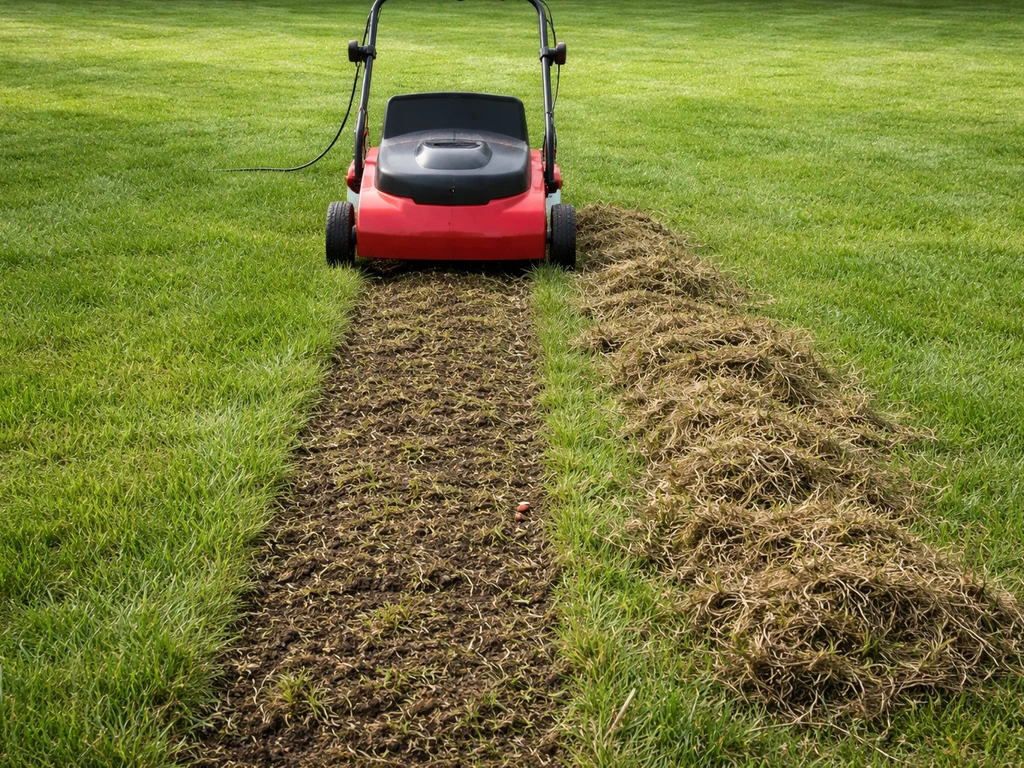 Verticuteermachine snijdt een strook gras door en laat viltige resten los op het gazon zien.