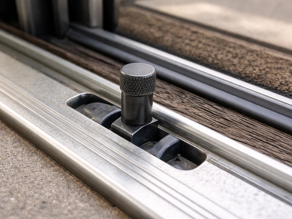 Close-up of a sliding door sill showing a foot bolt seated in a twin-notch keeper for extra locking.