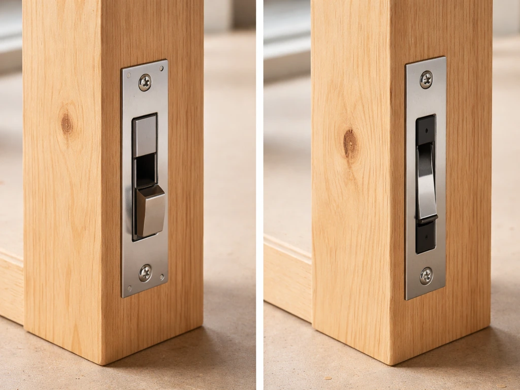 Side-by-side photo of surface-mount and mortise patio door locks mounted on door stiles