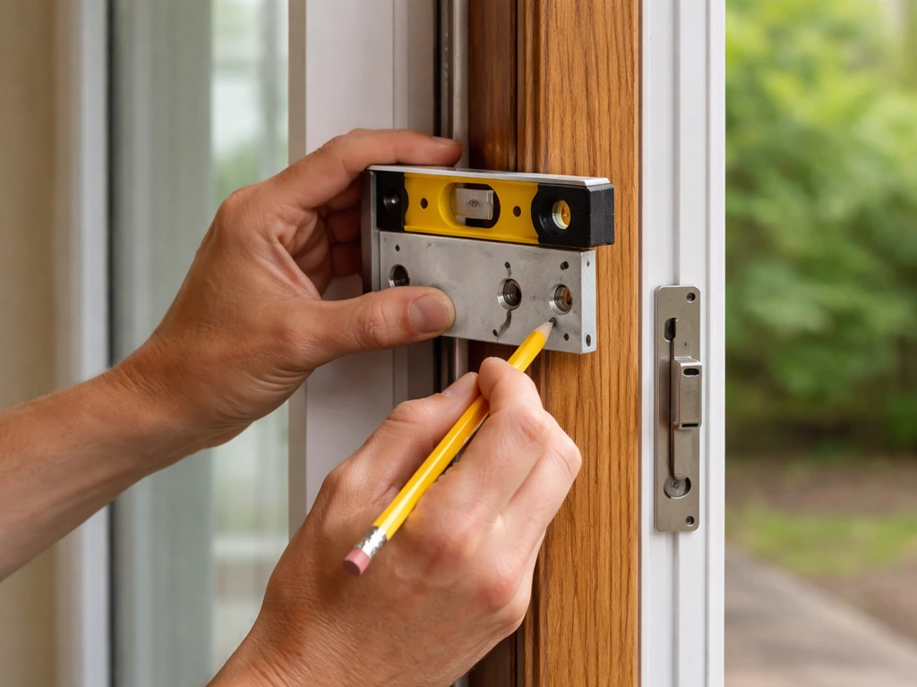 Hands measuring and marking a sliding patio door stile with a level and lock template before drilling.
