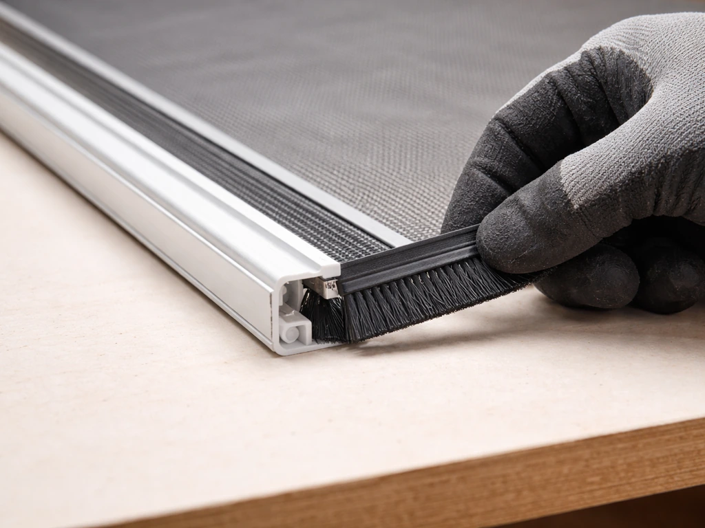 Close-up of a screen door laid flat while replacing the bottom bug sweep/strip with the retainer visible.