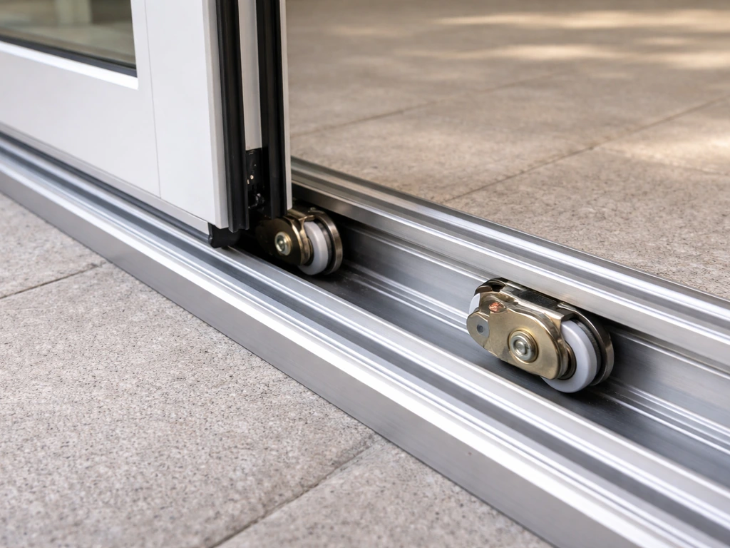 Side view of a sliding patio door with the bottom track groove and roller assemblies clearly visible.