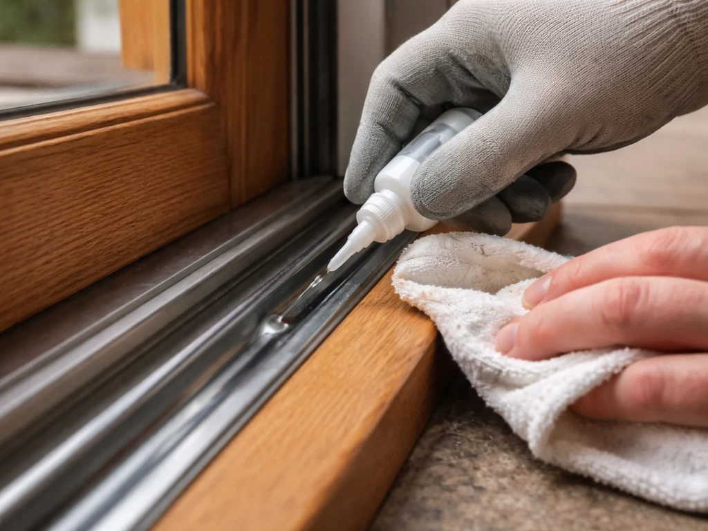 Gloved hand applying lubricant to a patio door’s metal track while wiping to keep silicone off wood trim.