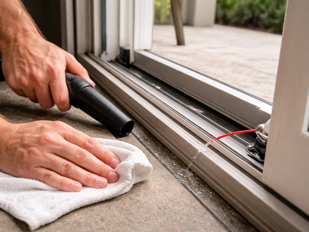 Hands vacuum and wipe a sliding patio door track, with a small lubricant applied as the door moves.