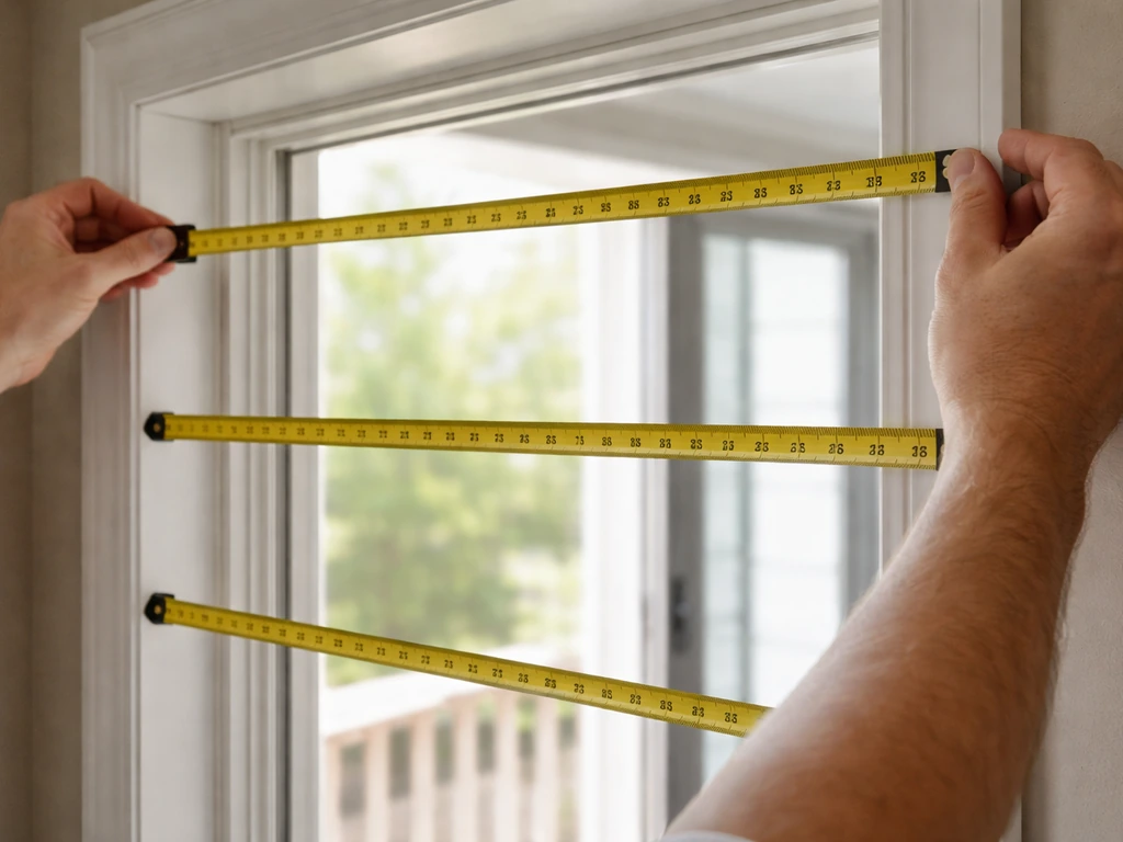 Person measuring a patio door frame for blinds with a tape measure at top, middle, and bottom points.