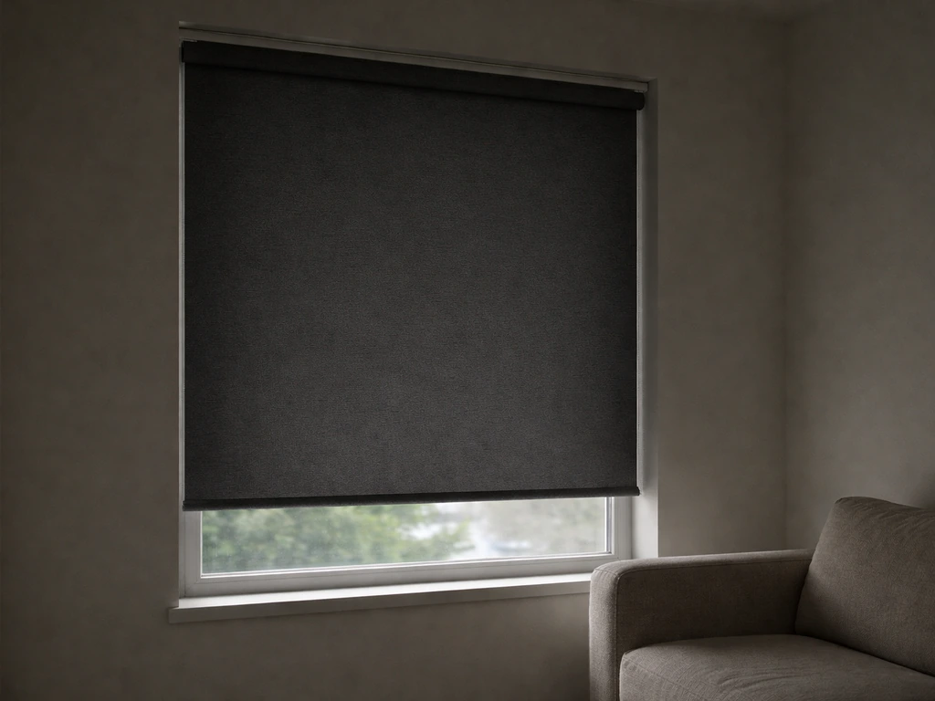 View of a window with a closed blackout roller shade showing darker, private indoor light.