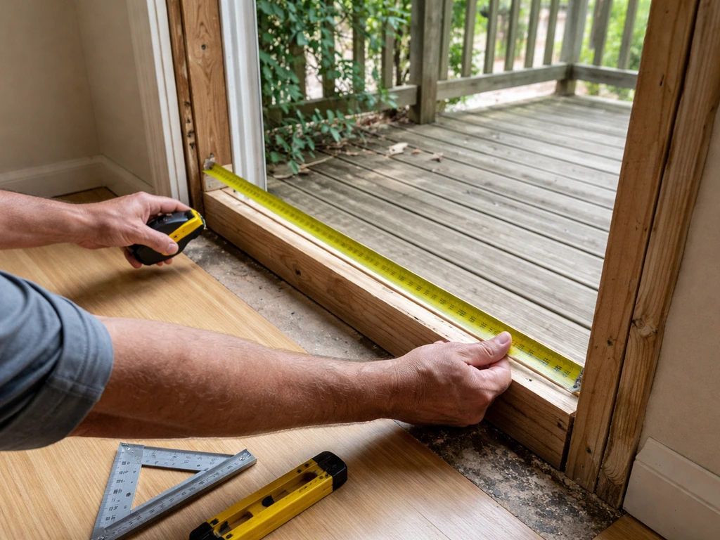 Homeowner measures a rough opening for a sliding patio door with a tape measure and level.