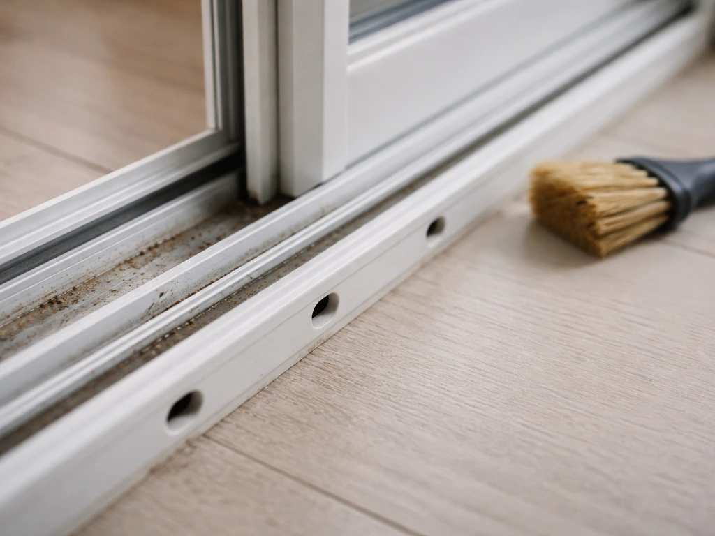 Close-up of a sliding door bottom track and vinyl sill with visible drainage weep holes and a nearby cleaning brush.
